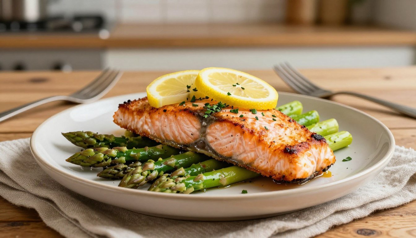 7 Easy Low Carb Dinner Recipes Ready in Under 30 Minutes 5 pan-seared salmon with asparagus as one of the healthy dinner recipes